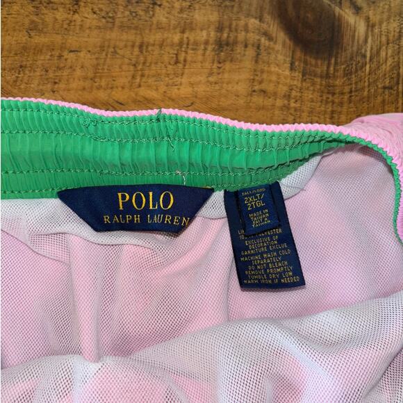 Mens Polo Ralph Lauren Pink Lined Swimming Trunks Shorts Logo Elastic Waist 2XLT - Picture 8 of 9